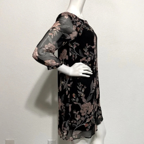 Amour Vert Black Floral 100% Silk Crew Neck Keyhole Back Mini Dress Size M - Picture 6 of 8